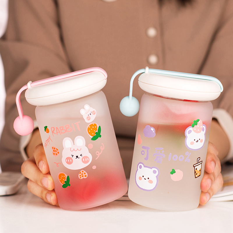 귀여운 곰 물 병 유리 서리로 덥은 스포츠 여행 휴대용 마시는 병 Kawaii 거품 차 여자 아이를위한 딸기 우유 컵